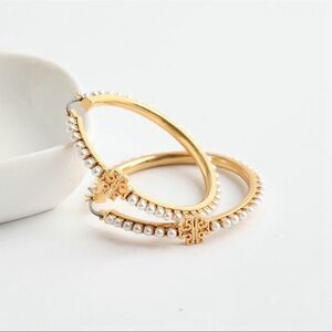Tory Burch Gold and White Hoop Earrings